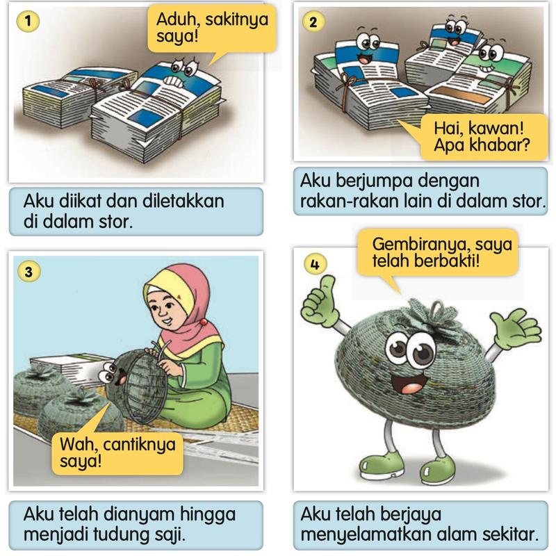 Empat gambar surat khabar lama yang dikitar semula menjadi tudung saji
