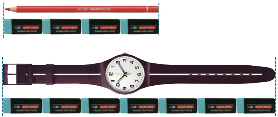Pensel warna sama dengan 4 pemadam dan jam tangan sama dengan 7 pemadam