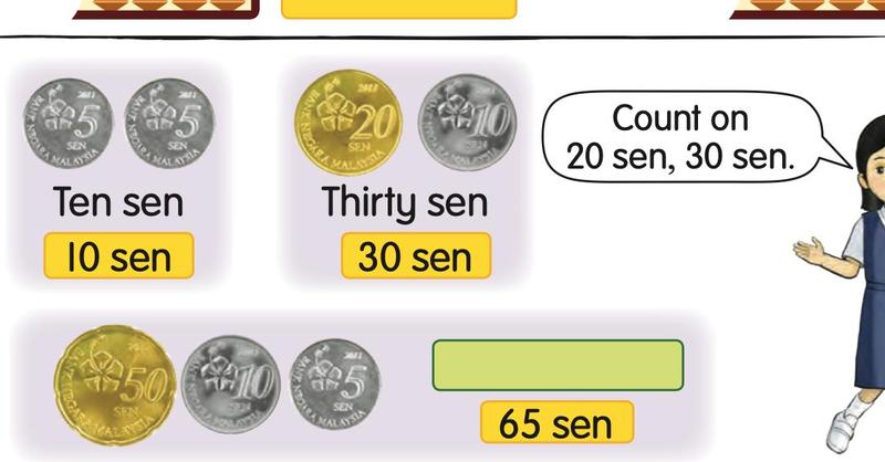 Three coins in a row: 50 sen, 10 sen and 5 sen. The total is 65 sen