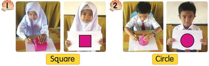 Children trace a flat face of a box to make a square and trace a cone to make a circle