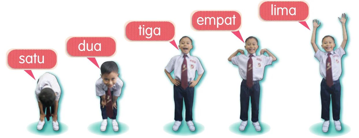 Lima murid membuat pergerakan satu hingga lima: membongkok hingga sentuh lantai, membongkok tangan di lutut, berdiri tangan di pinggang, tangan di bahu, tangan diangkat ke atas