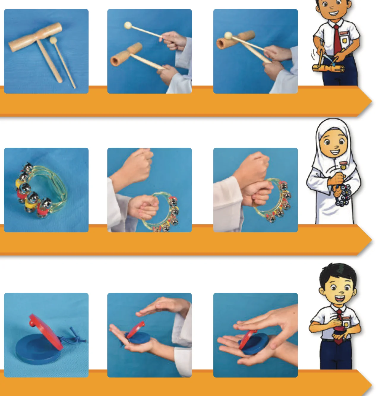 Tiga baris gambar: alat kayu dengan pemukul, gelang loceng dan kastanet, setiap satu dengan cara memegang dan memainkannya
