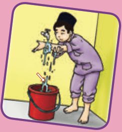 Murid berwuduk dan air jatuh ke dalam baldi merah