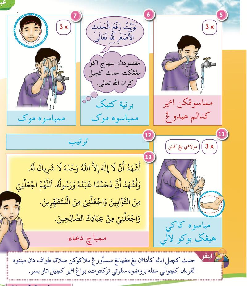 Kad langkah wuduk: memasukkan air ke dalam hidung, berniat ketika membasuh muka, membasuh muka, membasuh kaki hingga buku lali, tertib dan membaca doa