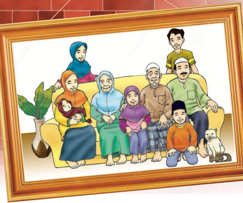 Gambar sebuah keluarga besar duduk bersama di atas sofa dalam bingkai