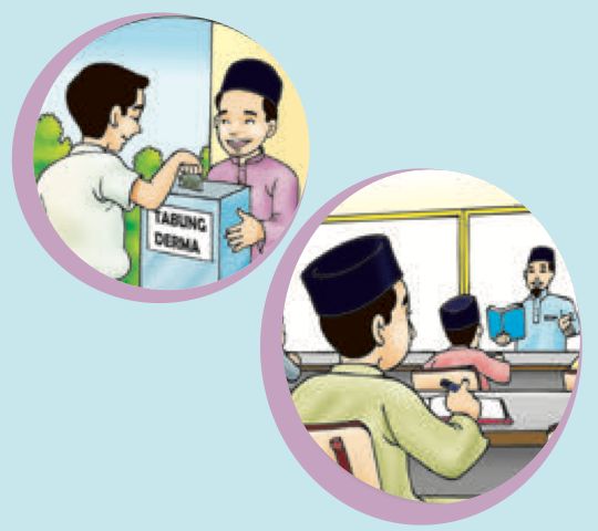 Dua bulatan: murid memasukkan wang ke tabung derma dan murid membaca di dalam kelas
