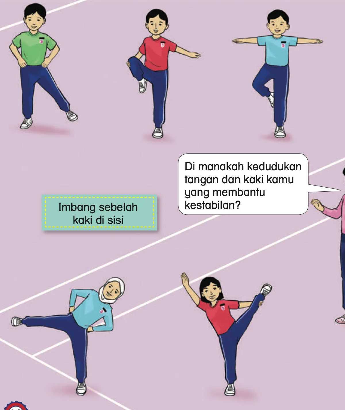 Murid mengimbang pada sebelah kaki dengan tangan di pinggang dan tangan didepakan
