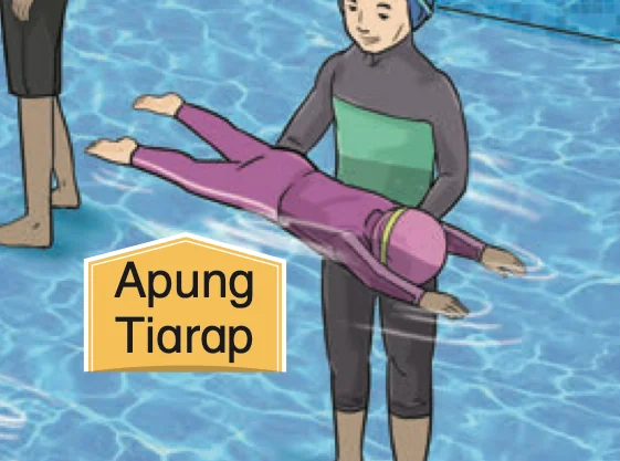 Murid terapung meniarap di permukaan air dengan tangan guru menyokong