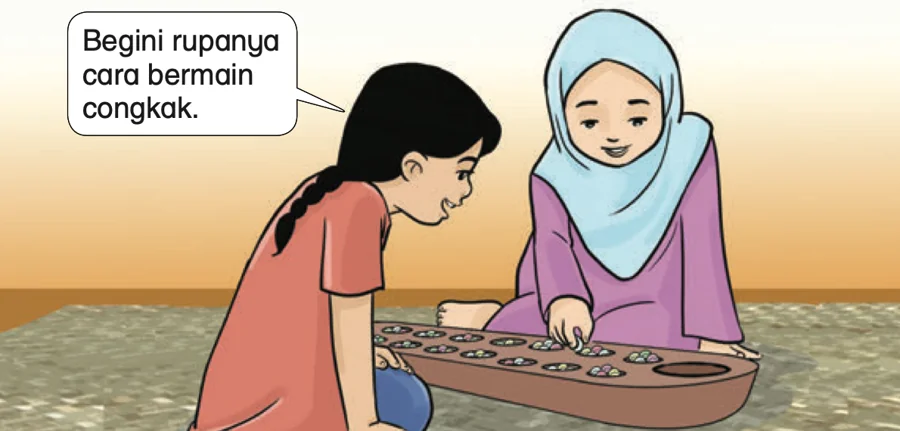 Dua murid perempuan bermain congkak di atas tikar dengan papan congkak yang ada lubang dan biji