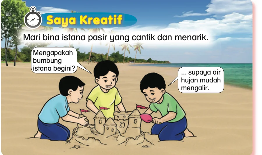 Tiga murid lelaki membina istana pasir di pantai