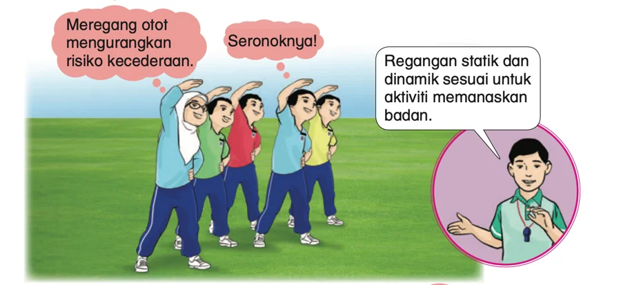Murid meregang otot di padang dan guru berkata regangan statik dan dinamik sesuai untuk memanaskan badan