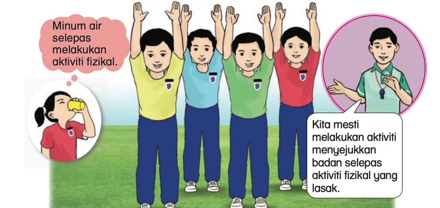 Murid mengangkat tangan ke atas dan seorang murid minum air; guru berkata kita mesti menyejukkan badan