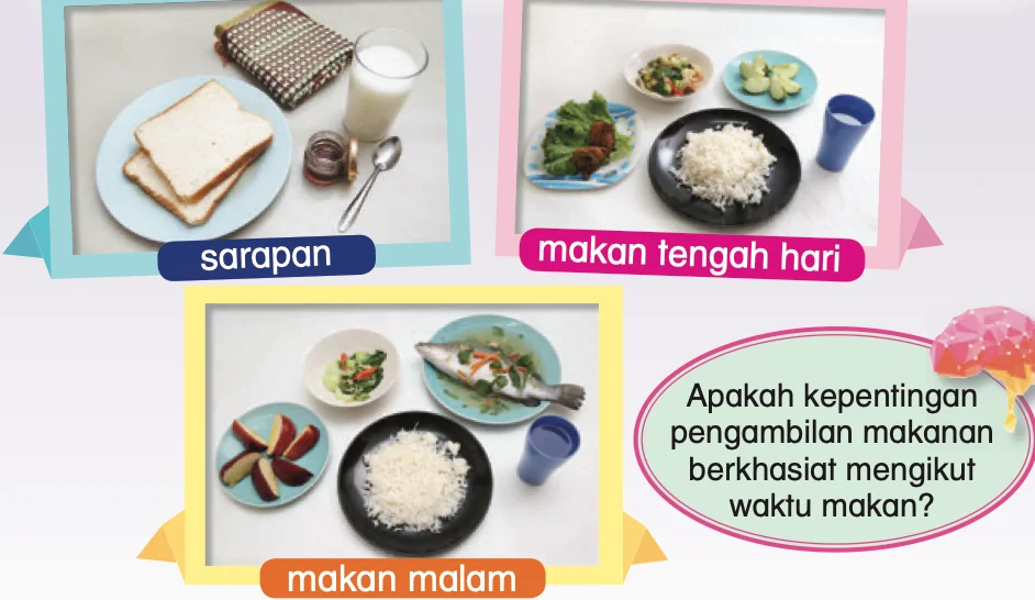 Tiga menu: sarapan (roti dan susu), makan tengah hari (nasi, lauk dan sayur) dan makan malam (nasi, ikan, sayur dan buah)