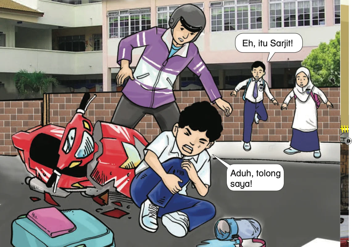 Sarjit terduduk di jalan dekat motosikal yang rosak, beg dan botol air di atas jalan; dua murid melihat dari jauh
