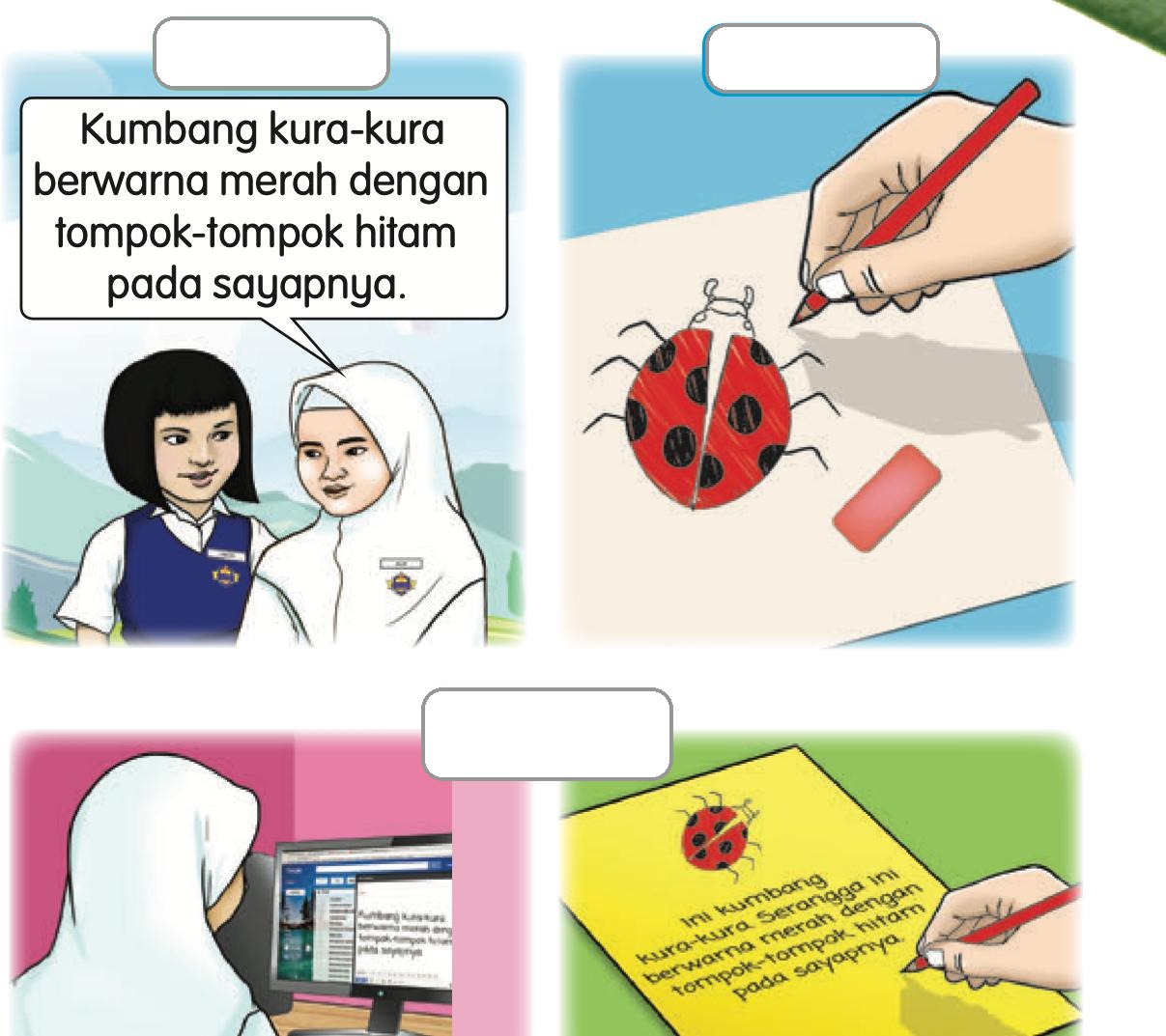 Alia bercerita tentang kumbang kura-kura: bercakap dengan rakan, melukis dan menulis
