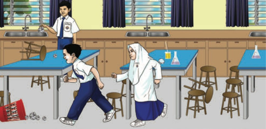 Bilik Sains yang kotor dengan bangku terbalik dan sampah di lantai