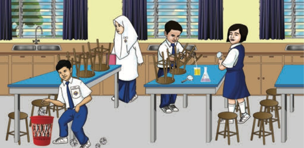 Bilik Sains yang kemas, murid menyusun bangku dan membuang sampah ke dalam tong