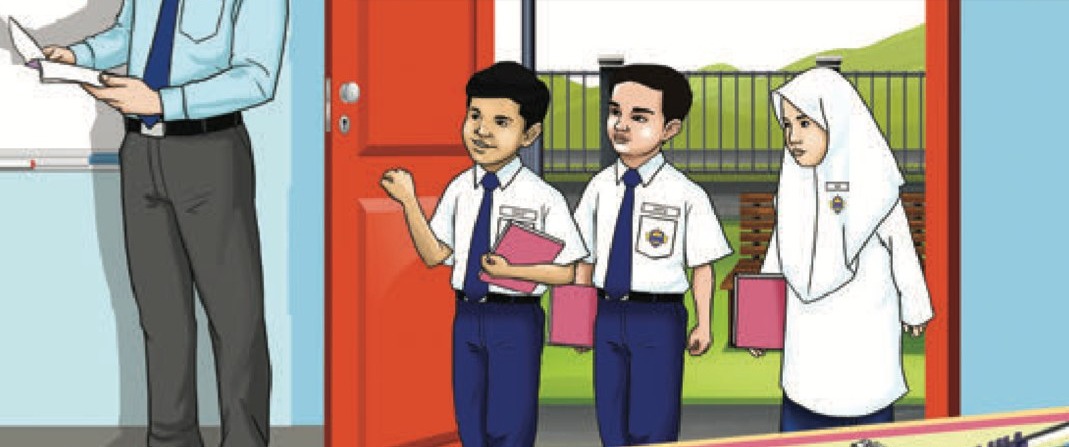 Tiga orang murid di pintu Bilik Sains bercakap dengan guru