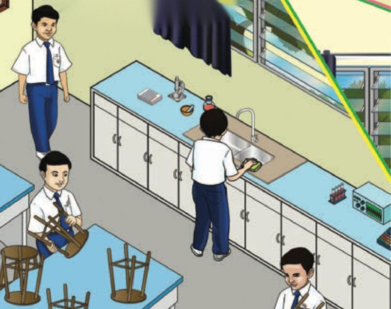 Murid mengemas Bilik Sains: seorang menyusun bangku di atas meja dan seorang membersihkan singki