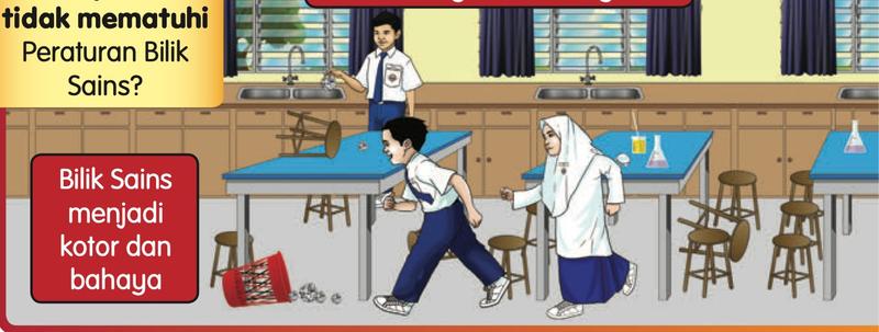 Bilik Sains yang kotor: bangku terbalik dan sampah di lantai