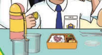 Meja di Bilik Sains dengan termos yang dituang, bekas makanan dan bikar