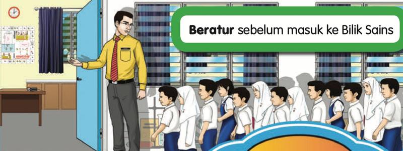 Murid beratur di luar Bilik Sains, guru berdiri di pintu dan menjemput mereka masuk