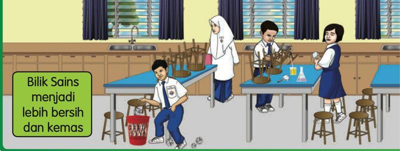 Bilik Sains yang kemas: murid membuang sampah ke dalam tong dan menyusun bangku