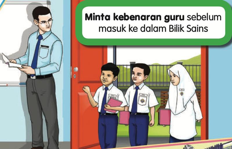 Tiga orang murid di pintu bertanya kepada guru sebelum masuk ke Bilik Sains