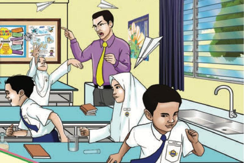 Murid berlari dan membaling kapal terbang kertas di dalam Bilik Sains sementara guru menunjuk dengan marah