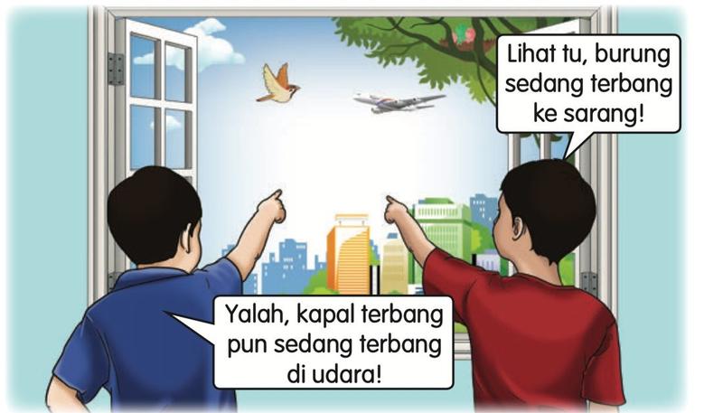 Dua orang budak di tingkap melihat seekor burung dan sebuah kapal terbang yang sedang terbang