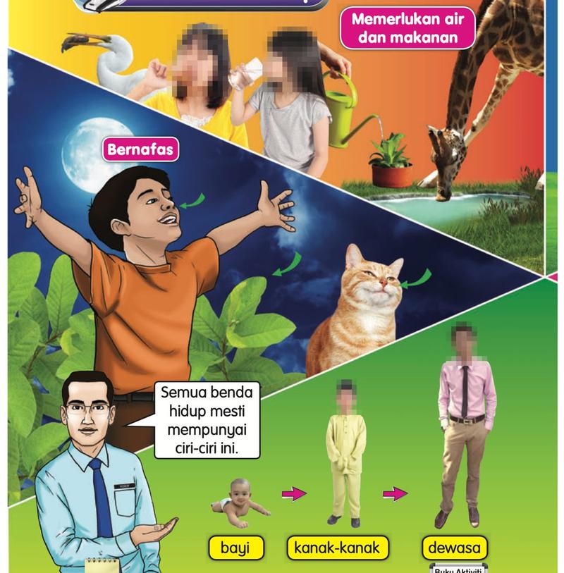 Budak perempuan makan dan minum, zirafah minum air, budak lelaki dan kucing bernafas, bayi, kanak-kanak dan dewasa