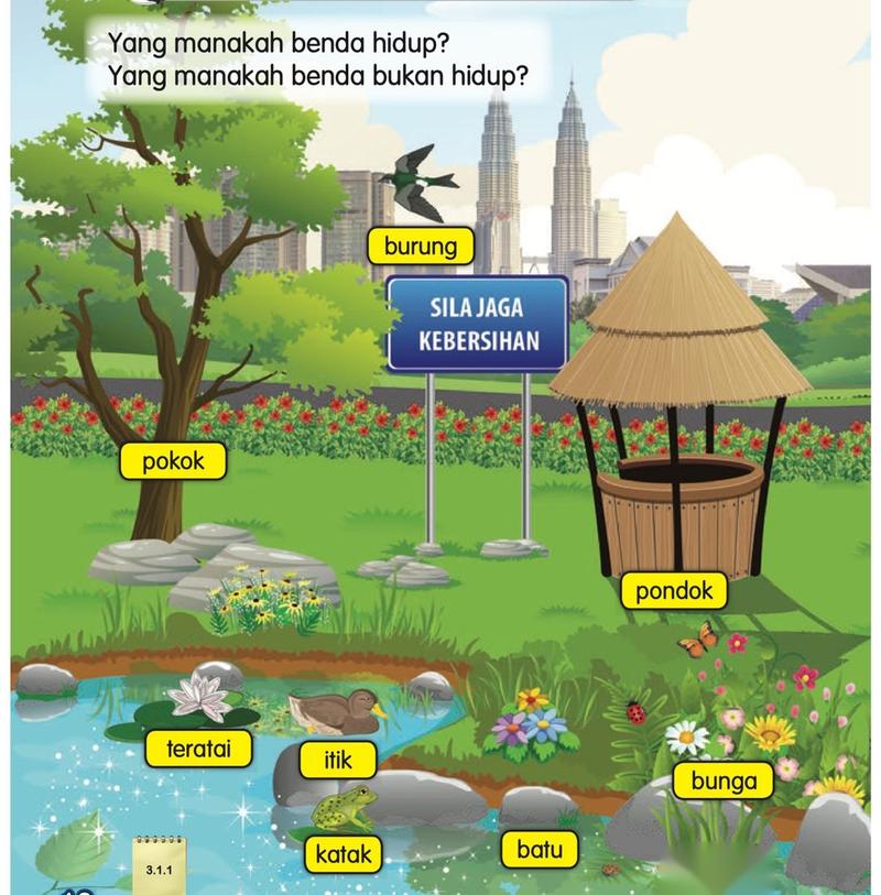 Sebuah taman dengan pokok, burung, teratai, itik, katak, bunga, batu dan pondok