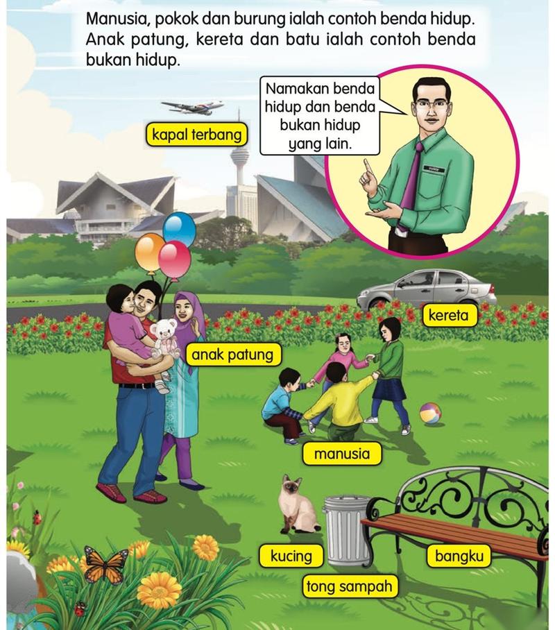 Sebuah keluarga dengan belon dan anak patung, kanak-kanak bermain, seekor kucing, sebuah kereta, bangku dan tong sampah