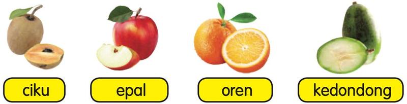 Empat jenis buah: ciku, epal, oren dan kedondong