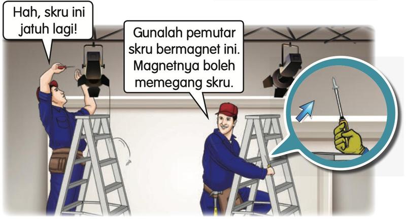 Seorang pekerja di atas tangga menggunakan pemutar skru bermagnet untuk memegang skru