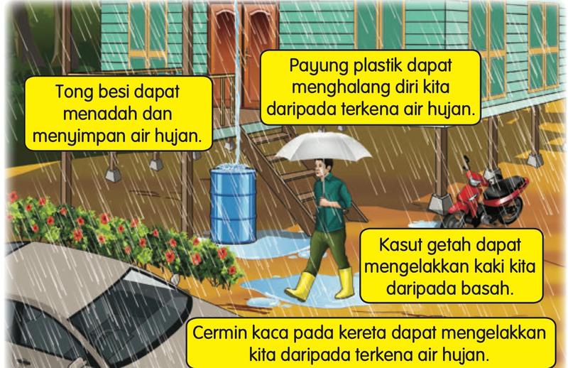 Seorang lelaki memakai kasut getah dan berpayung plastik berjalan dalam hujan; sebuah tong besi menadah air hujan; sebuah kereta berada di tepi