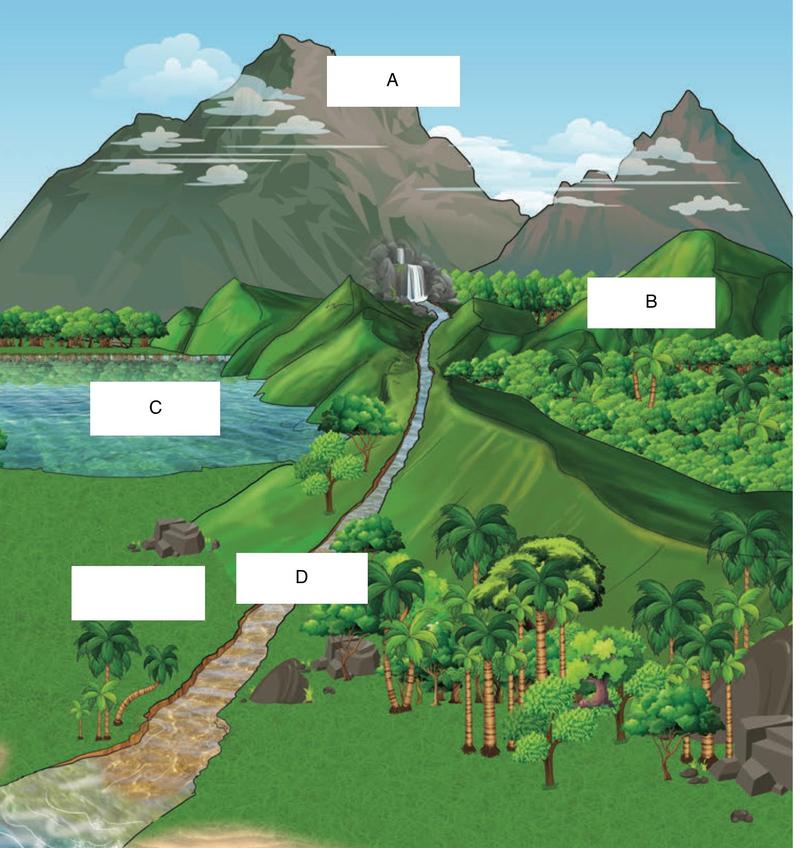 Gunung, bukit, tasik dan sungai; empat bentuk muka bumi ditanda A, B, C dan D