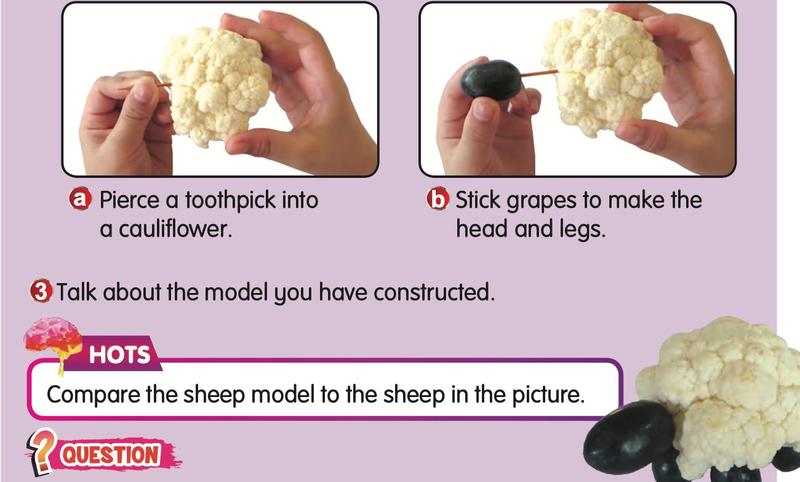 A cauliflower and grapes are joined with toothpicks to make a sheep model