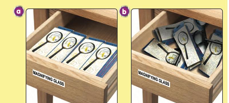 Drawer a has magnifying glasses in neat rows. Drawer b has them in a messy pile
