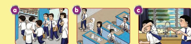 Picture a: pupils pushing at the door. Picture b: pupils cleaning at the sinks. Picture c: a pupil splashing water at the sink
