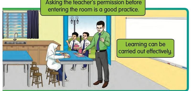 A pupil learns at the table while two pupils ask the teacher for permission at the door