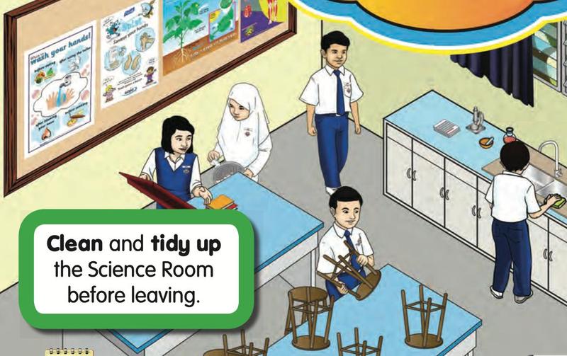 Pupils tidying the Science Room, with stools on the tables and a pupil at the sink