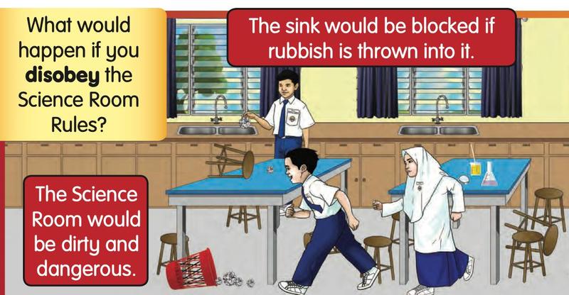 A messy Science Room with a fallen stool and rubbish on the floor