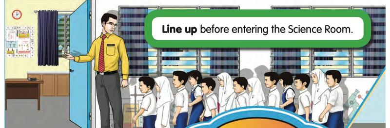 Pupils standing in a line outside the Science Room while the teacher stands at the door