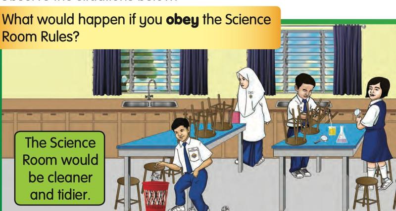 A tidy Science Room where pupils put the stools away and throw rubbish in the bin