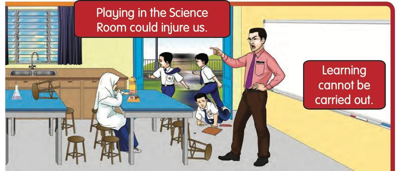 Pupils running in the Science Room and one falls while the teacher points
