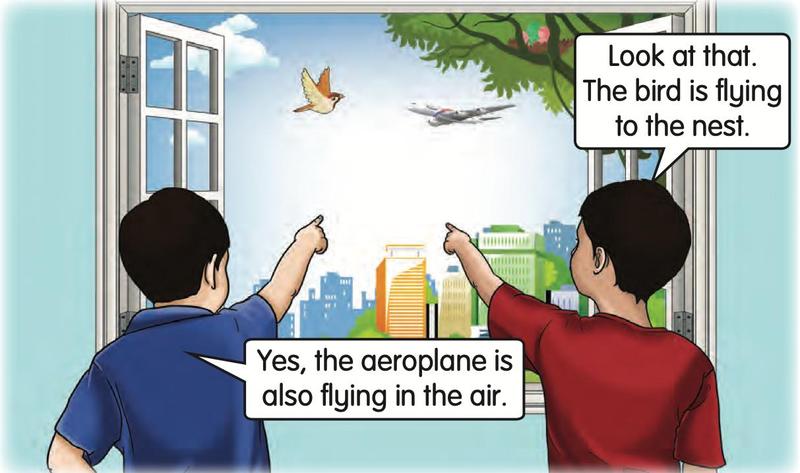 Two boys at a window watching a bird and an aeroplane fly