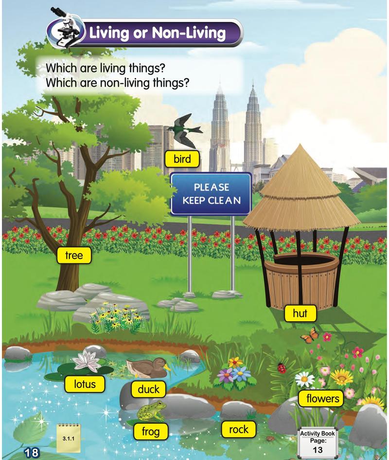A park with a tree, a bird, a lotus, a duck, a frog, flowers, a rock and a hut