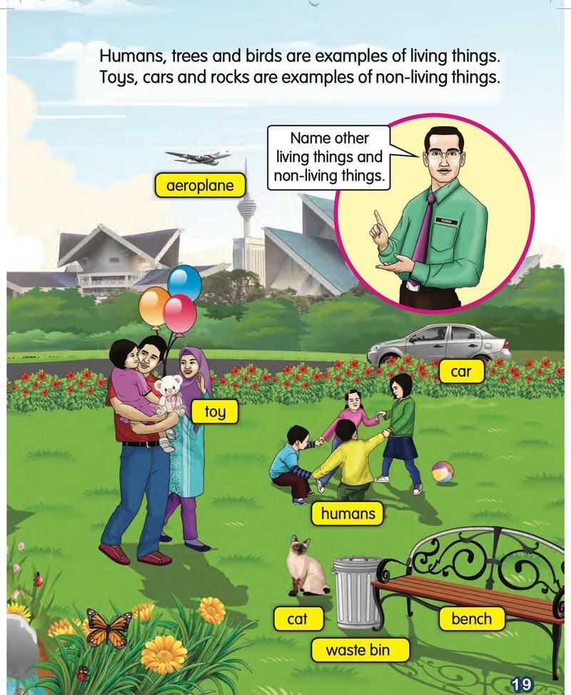 A family with balloons, children playing, a cat, a car, a bench and a waste bin