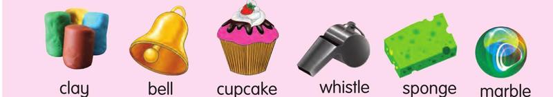 Clay, a bell, a cupcake, a whistle, a sponge and a marble